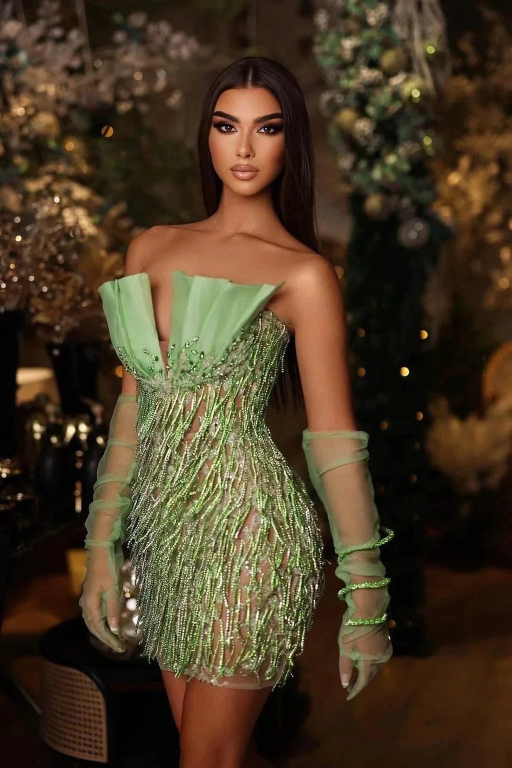 Green Short V-Neck Strapless Tulle Beads Mermaid Prom Dress by BIZTUNNEL
