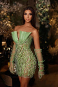 Green Short V-Neck Strapless Tulle Beads Mermaid Prom Dress by BIZTUNNEL