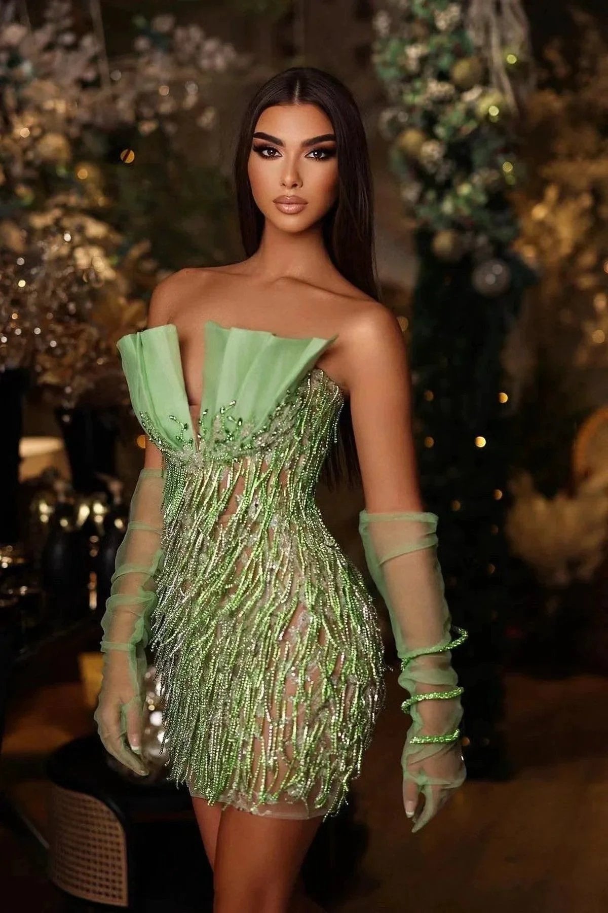Green Short V-Neck Strapless Tulle Beads Mermaid Prom Dress by BIZTUNNEL