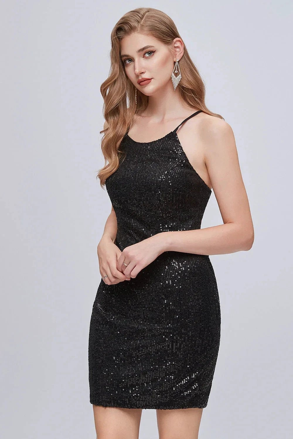 Black Sequins Spaghetti Strap Lace Up Short Homecoming Dresses by Cicinia