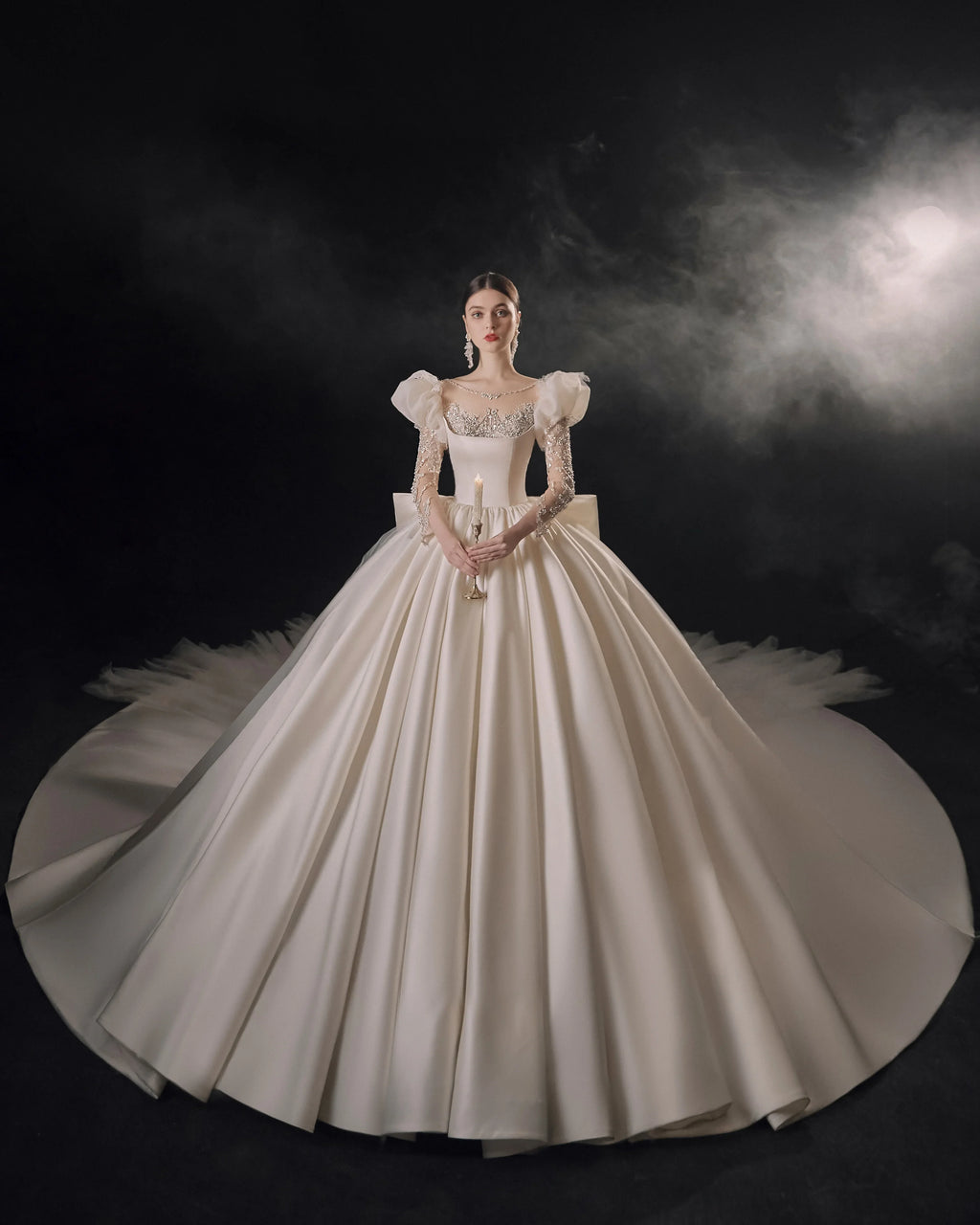 Regal Ball Gown Illusion Neckline Tulle Puff Sleeve Beaded Lace Wedding Dress with Oversized Bow Train E-304 by ZAPDRESS