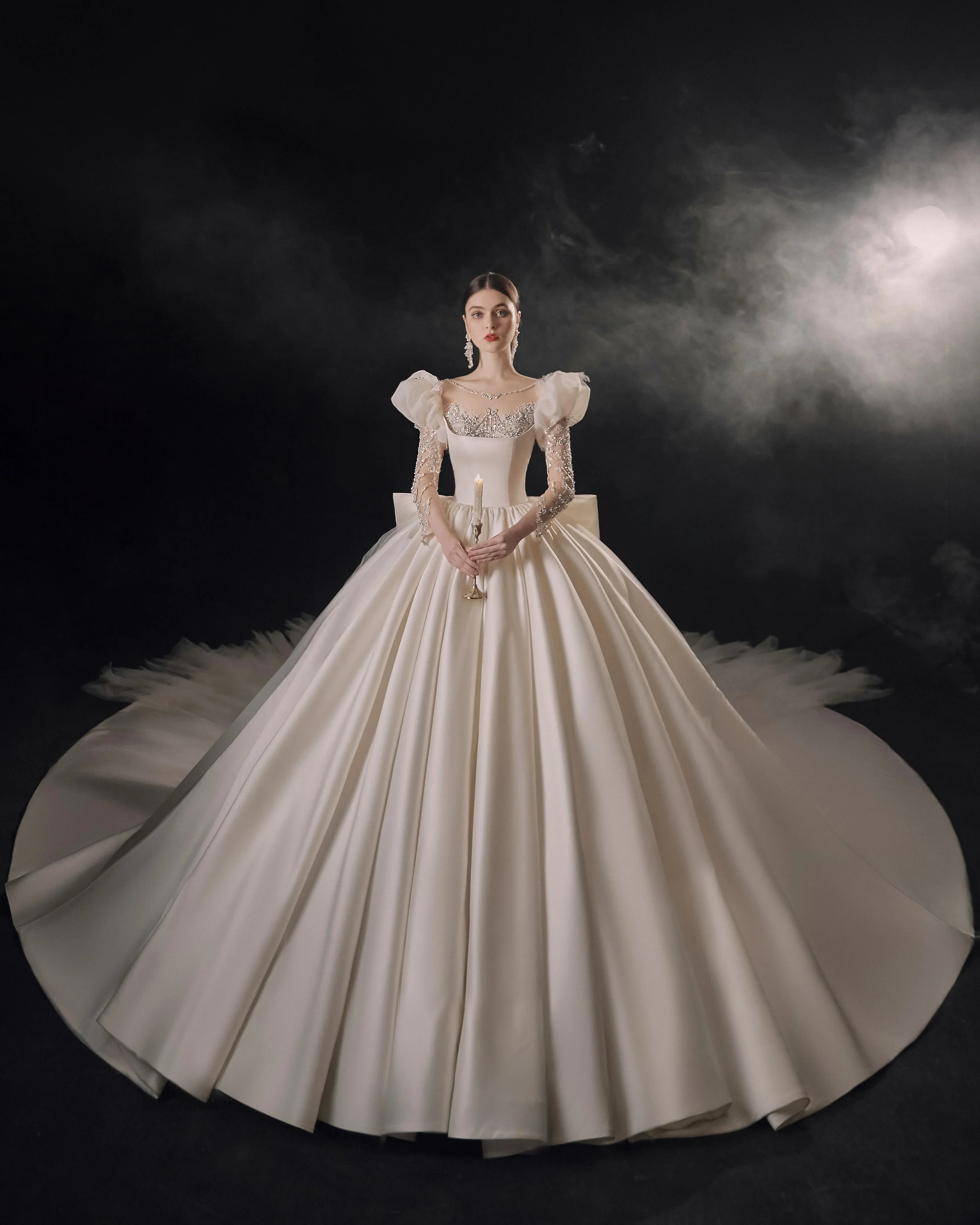 Regal Ball Gown Illusion Neckline Tulle Puff Sleeve Beaded Lace Wedding Dress with Oversized Bow Train E-304 by ZAPDRESS