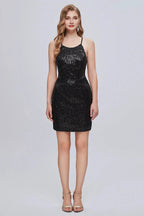 Black Sequins Spaghetti Strap Lace Up Short Homecoming Dresses by Cicinia