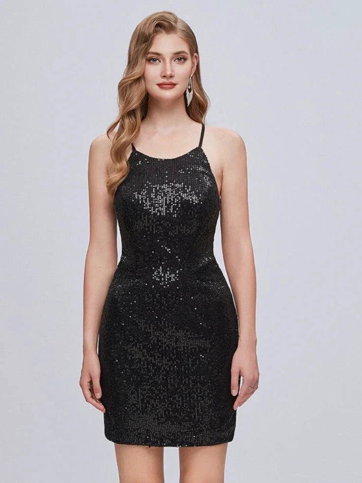 Black Sequins Spaghetti Strap Lace Up Short Homecoming Dresses by Cicinia