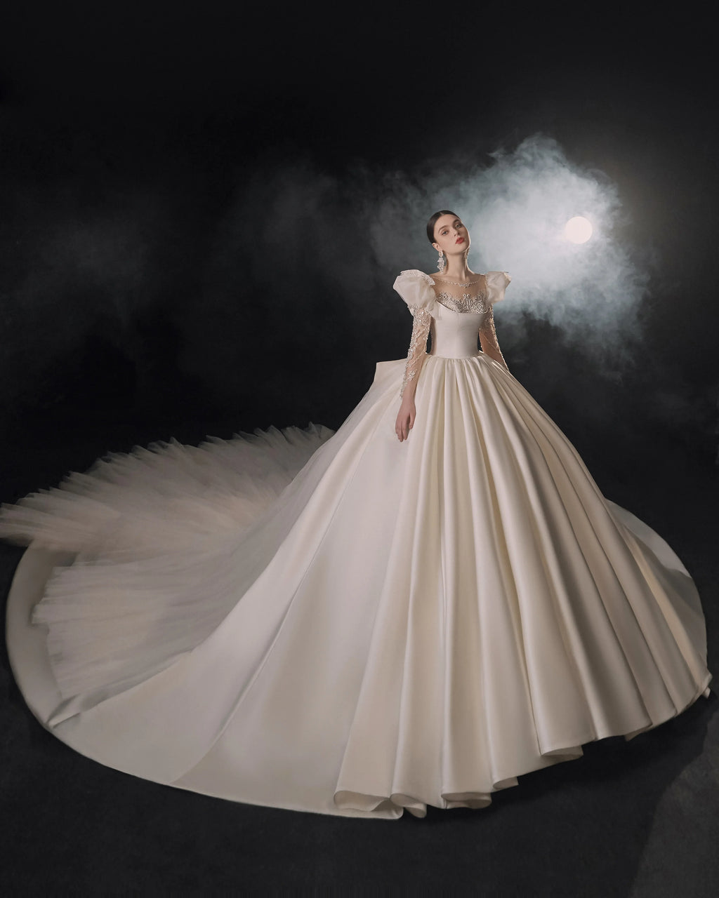 Regal Ball Gown Illusion Neckline Tulle Puff Sleeve Beaded Lace Wedding Dress with Oversized Bow Train E-304 by ZAPDRESS