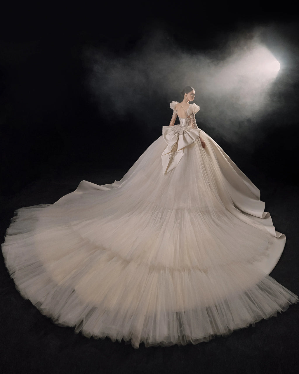 Regal Ball Gown Illusion Neckline Tulle Puff Sleeve Beaded Lace Wedding Dress with Oversized Bow Train E-304 by ZAPDRESS