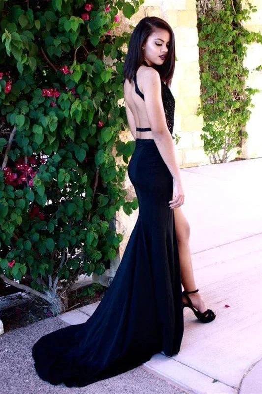 Halter Split Front Open Back Sleeveless Mermaid Long Prom Dress by BIZTUNNEL