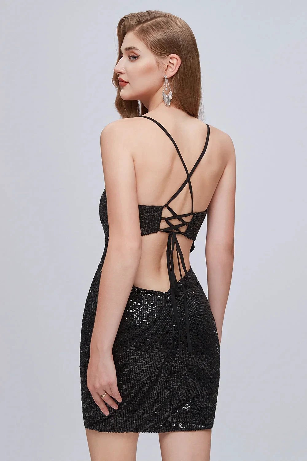 Black Sequins Spaghetti Strap Lace Up Short Homecoming Dresses by Cicinia