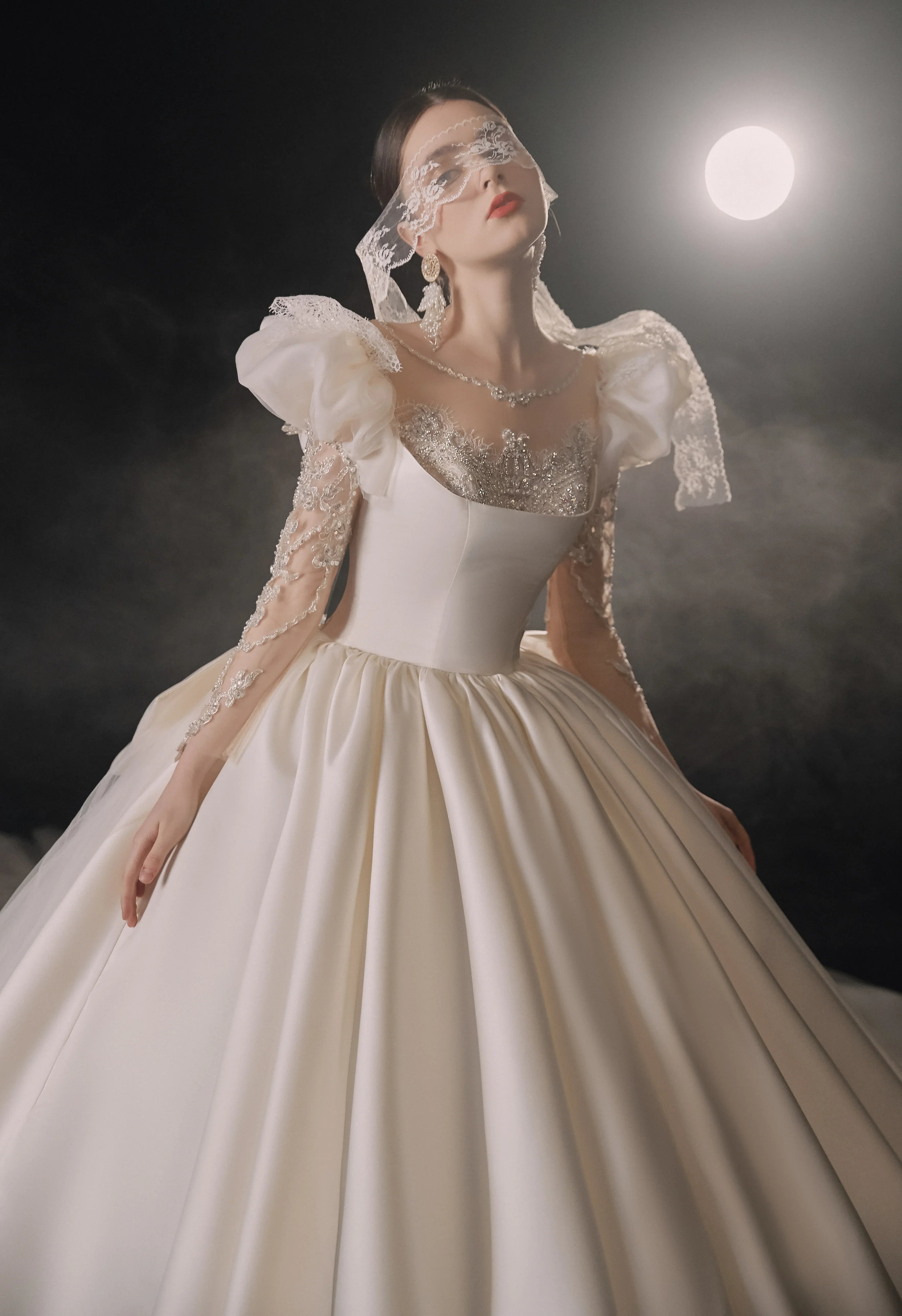 Regal Ball Gown Illusion Neckline Tulle Puff Sleeve Beaded Lace Wedding Dress with Oversized Bow Train E-304 by ZAPDRESS