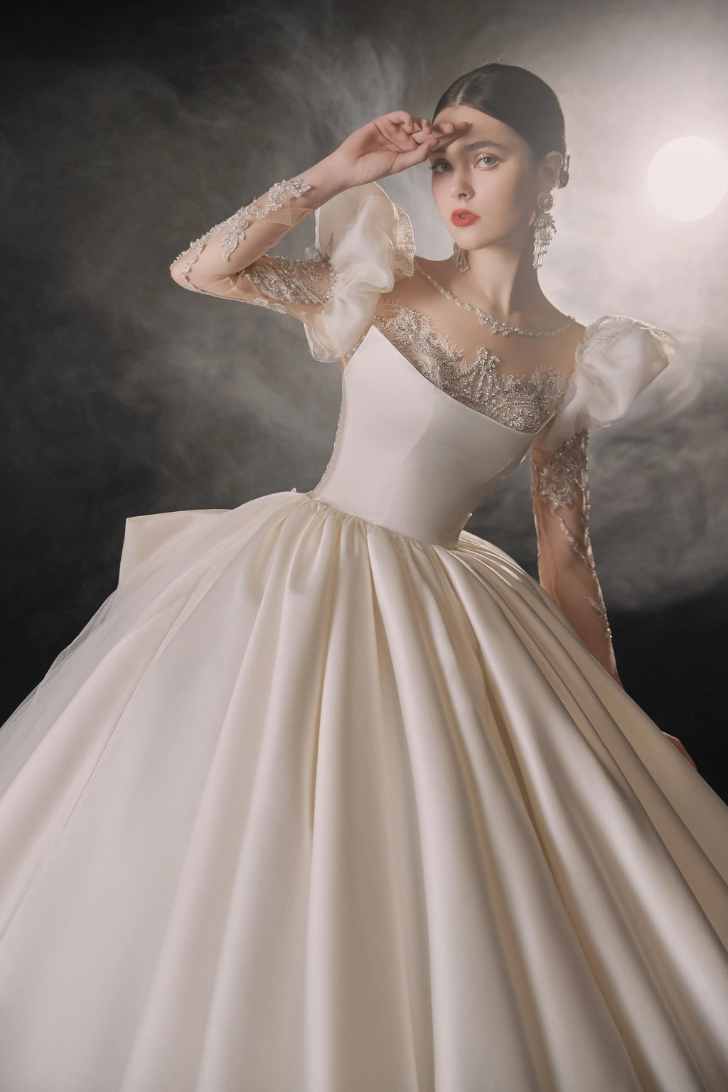Regal Ball Gown Illusion Neckline Tulle Puff Sleeve Beaded Lace Wedding Dress with Oversized Bow Train E-304 by ZAPDRESS