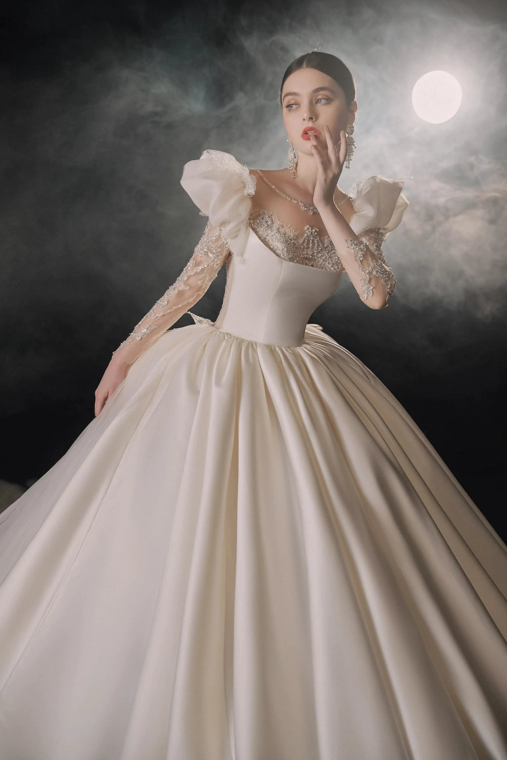 Regal Ball Gown Illusion Neckline Tulle Puff Sleeve Beaded Lace Wedding Dress with Oversized Bow Train E-304 by ZAPDRESS