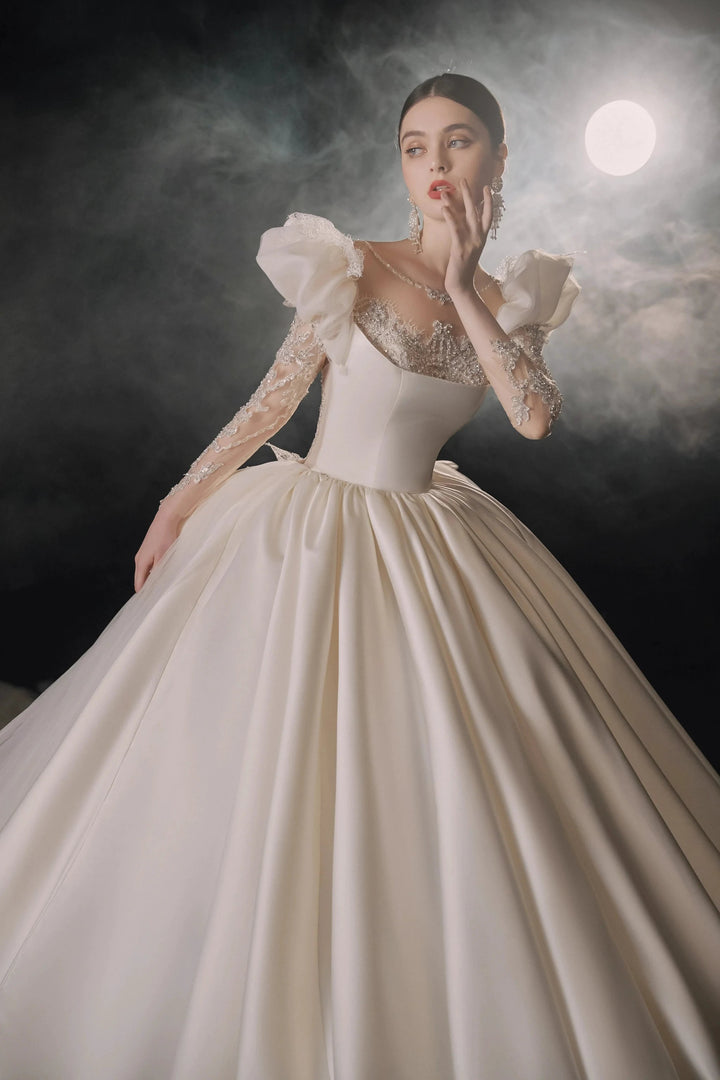 Regal Ball Gown Illusion Neckline Tulle Puff Sleeve Beaded Lace Wedding Dress with Oversized Bow Train E-304 by ZAPDRESS