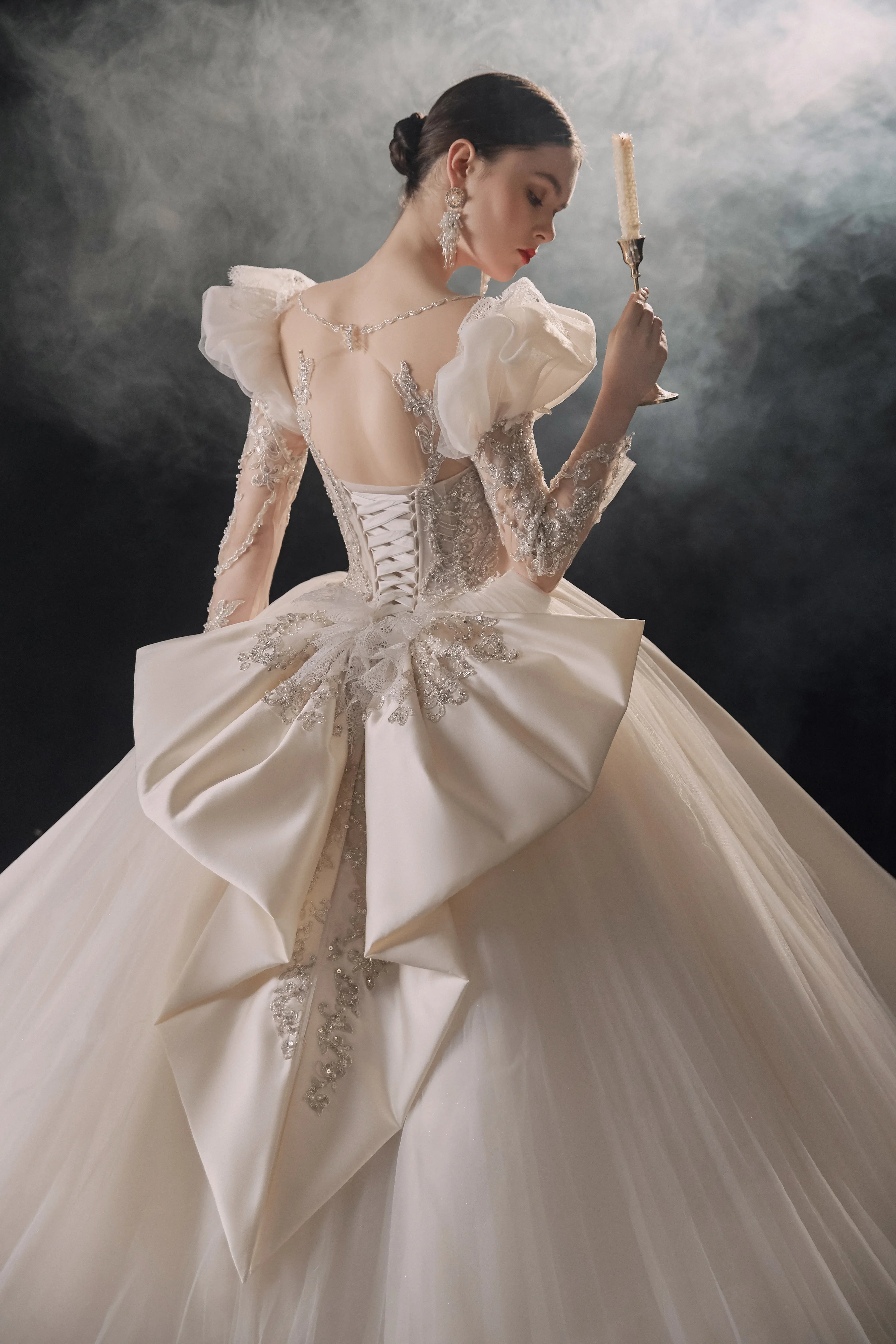 Regal Ball Gown Illusion Neckline Tulle Puff Sleeve Beaded Lace Wedding Dress with Oversized Bow Train E-304 by ZAPDRESS