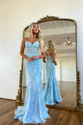 Sky Blue Long Mermaid Sweetheart Lace Formal Prom Dresses by BIZTUNNEL