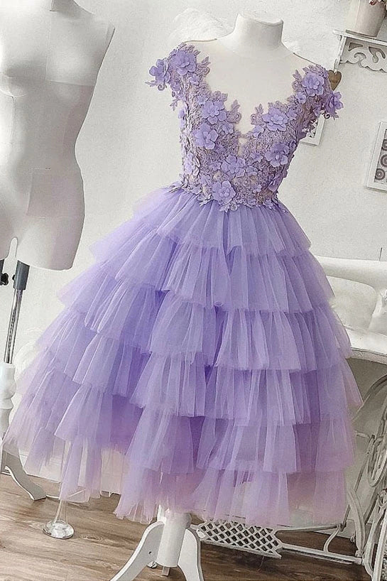 A-line Applique Lilac Tulle Short Homecoming Dresses With Layered Hover Image