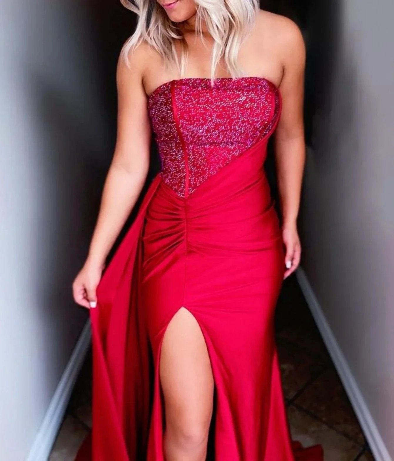 Ryann | Red Strapless Satin Long Prom Dress with Slit by KissProm