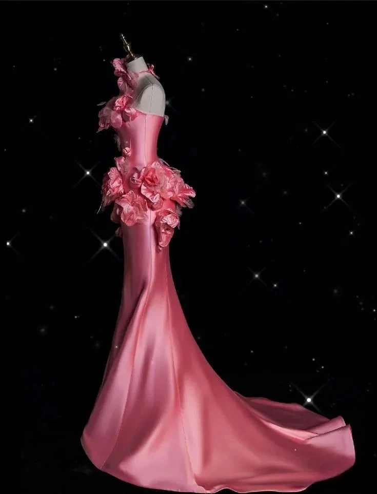 Pretty Pink Satin 3D Flowers Mermaid Prom Dress Long Evening Dress Y8339 by simplepromdress
