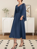 A-line V-Neck Tea-Length Chiffon Lace Mother of the Bride Dress With Beading Sequins by Dreamylily