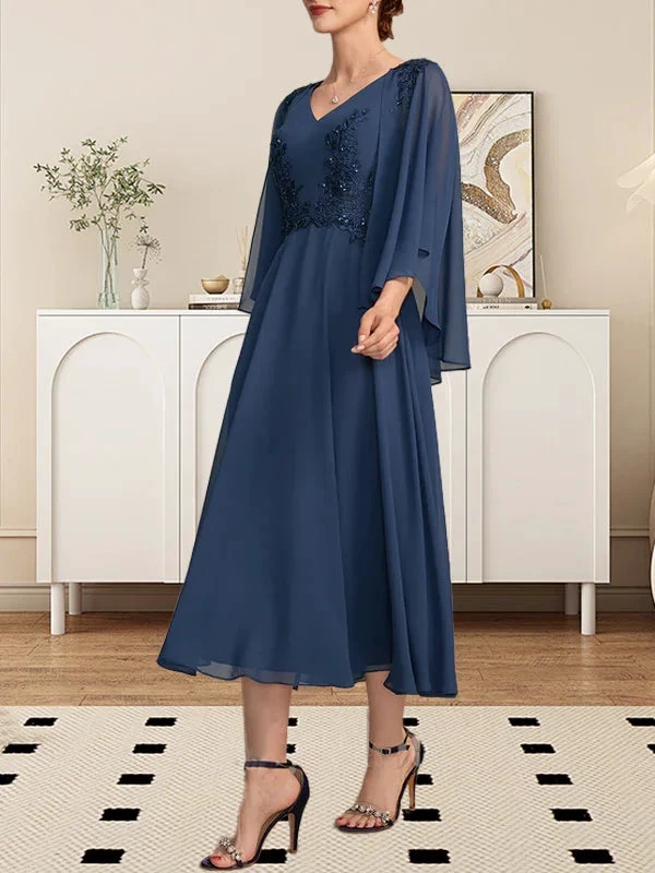 A-line V-Neck Tea-Length Chiffon Lace Mother of the Bride Dress With Beading Sequins by Dreamylily