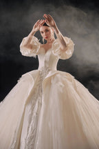Lavish Sweetheart Ball Gown Satin Puff Sleeve Feather Trim Beaded Wedding Dress with Flowing Train E-302 by ZAPDRESS