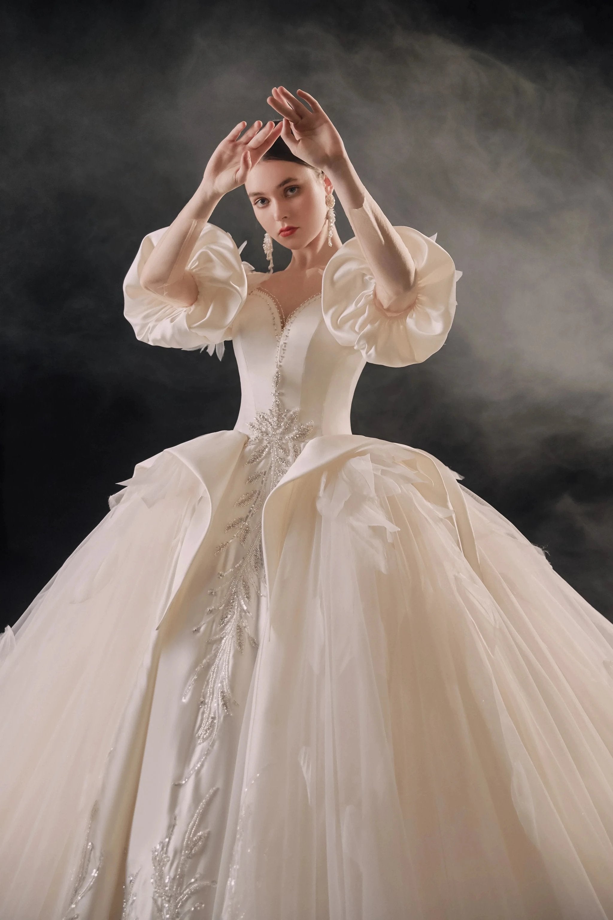 Lavish Sweetheart Ball Gown Satin Puff Sleeve Feather Trim Beaded Wedding Dress with Flowing Train E-302 by ZAPDRESS