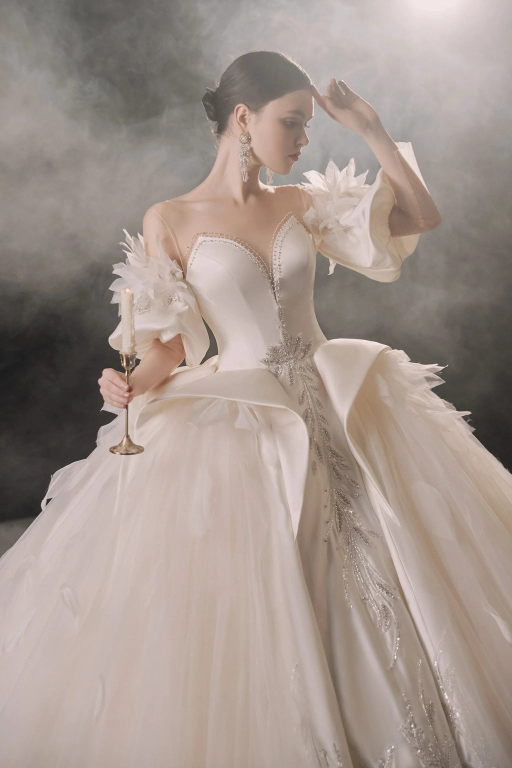 Lavish Sweetheart Ball Gown Satin Puff Sleeve Feather Trim Beaded Wedding Dress with Flowing Train E-302 by ZAPDRESS