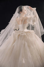 Lavish Sweetheart Ball Gown Satin Puff Sleeve Feather Trim Beaded Wedding Dress with Flowing Train E-302 by ZAPDRESS