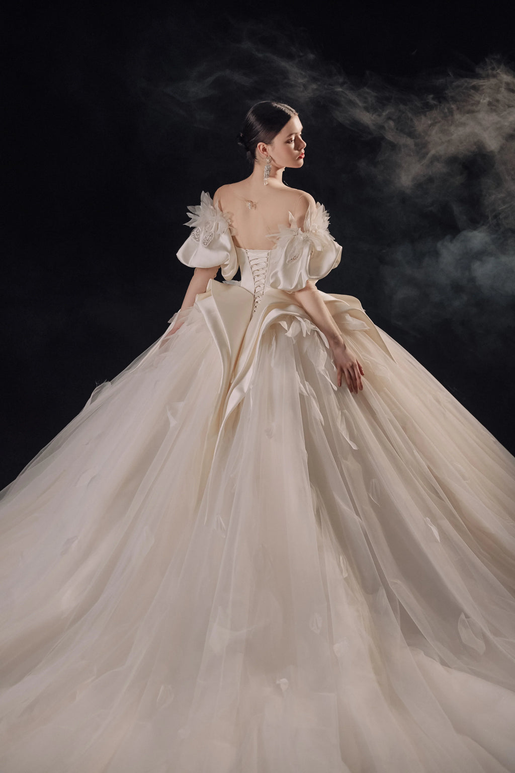 Lavish Sweetheart Ball Gown Satin Puff Sleeve Feather Trim Beaded Wedding Dress with Flowing Train E-302 by ZAPDRESS