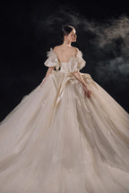 Lavish Sweetheart Ball Gown Satin Puff Sleeve Feather Trim Beaded Wedding Dress with Flowing Train E-302 by ZAPDRESS