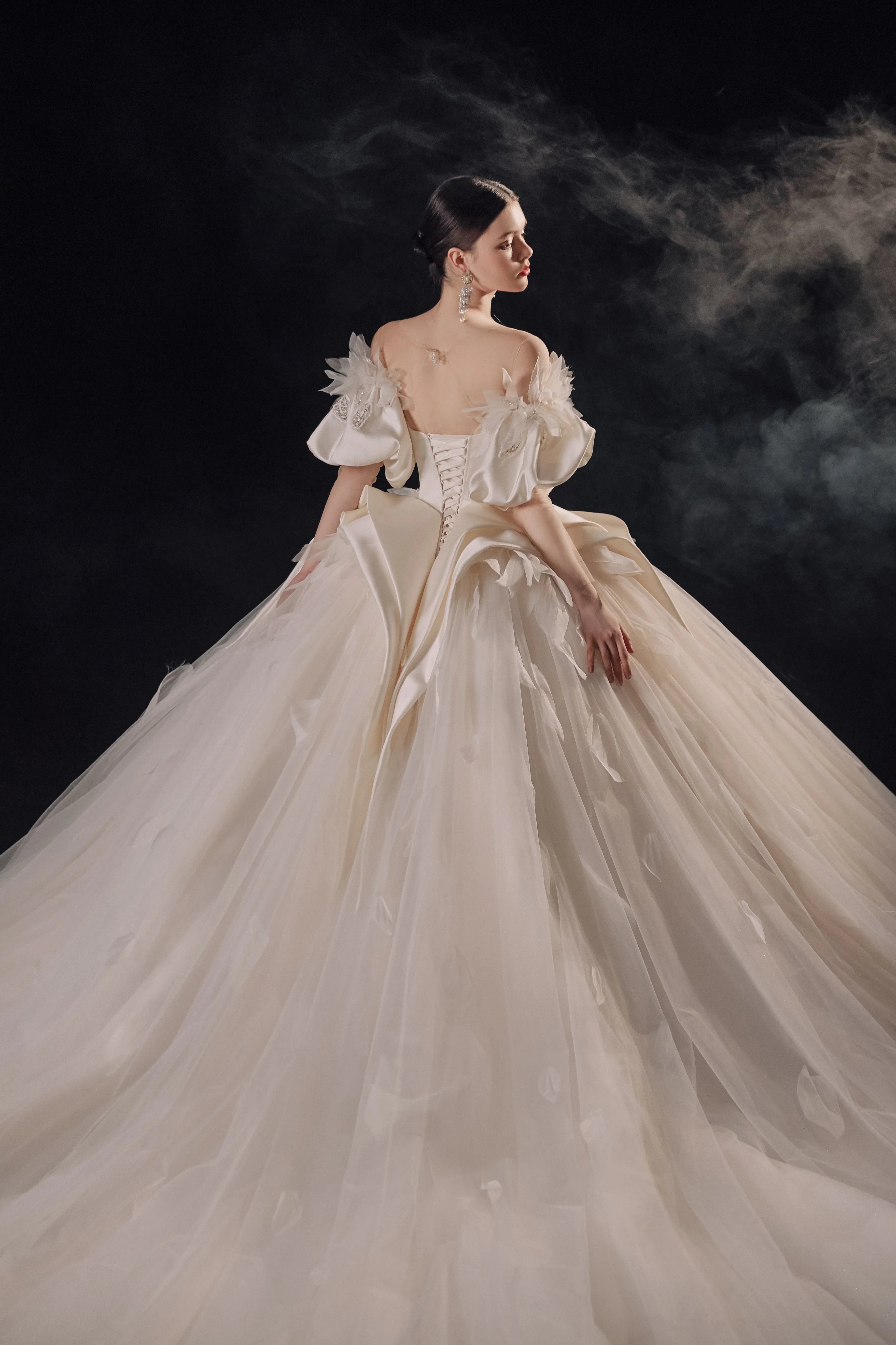 Lavish Sweetheart Ball Gown Satin Puff Sleeve Feather Trim Beaded Wedding Dress with Flowing Train E-302 by ZAPDRESS