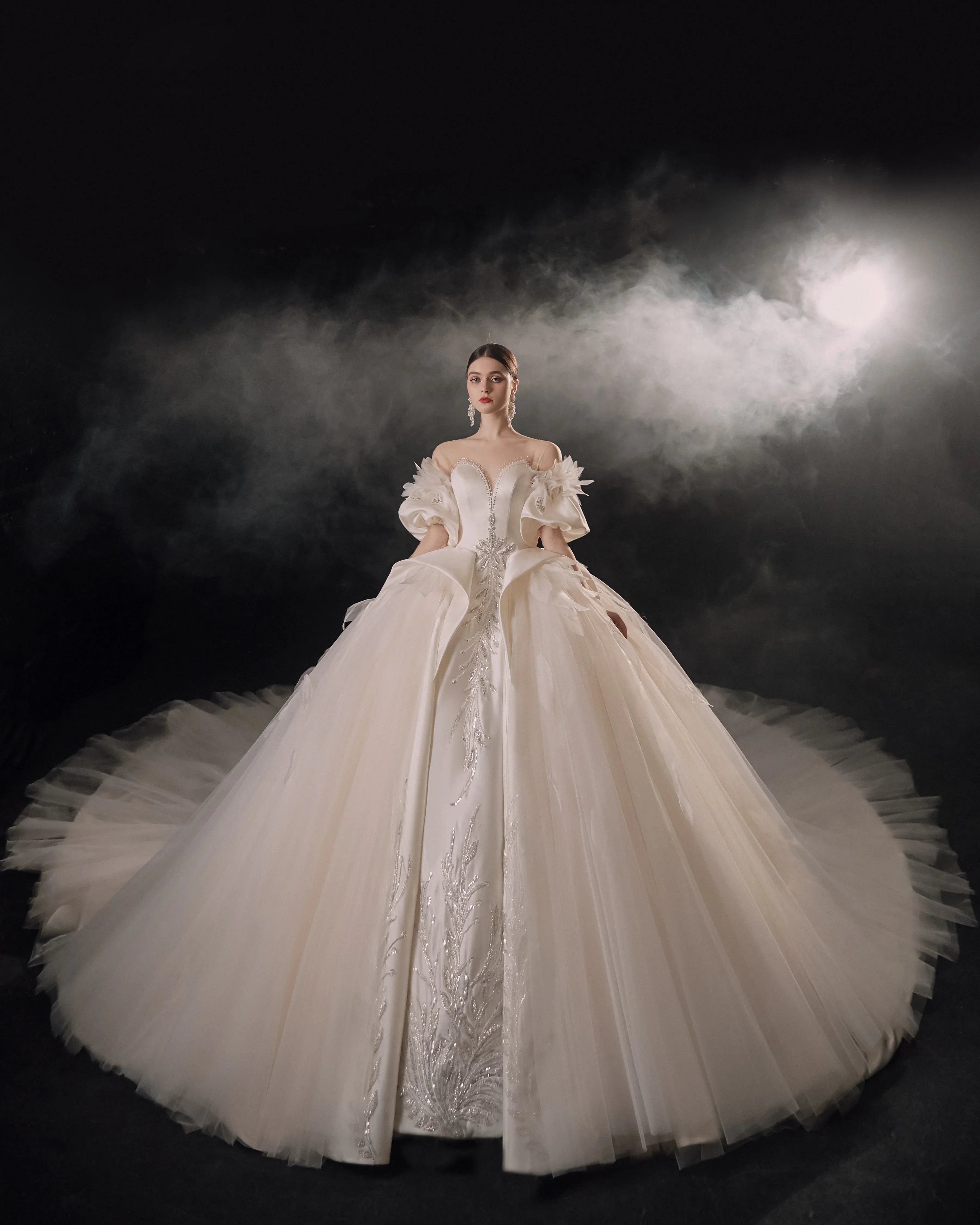 Lavish Sweetheart Ball Gown Satin Puff Sleeve Feather Trim Beaded Wedding Dress with Flowing Train E-302 by ZAPDRESS
