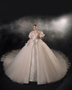 Lavish Sweetheart Ball Gown Satin Puff Sleeve Feather Trim Beaded Wedding Dress with Flowing Train E-302 by ZAPDRESS