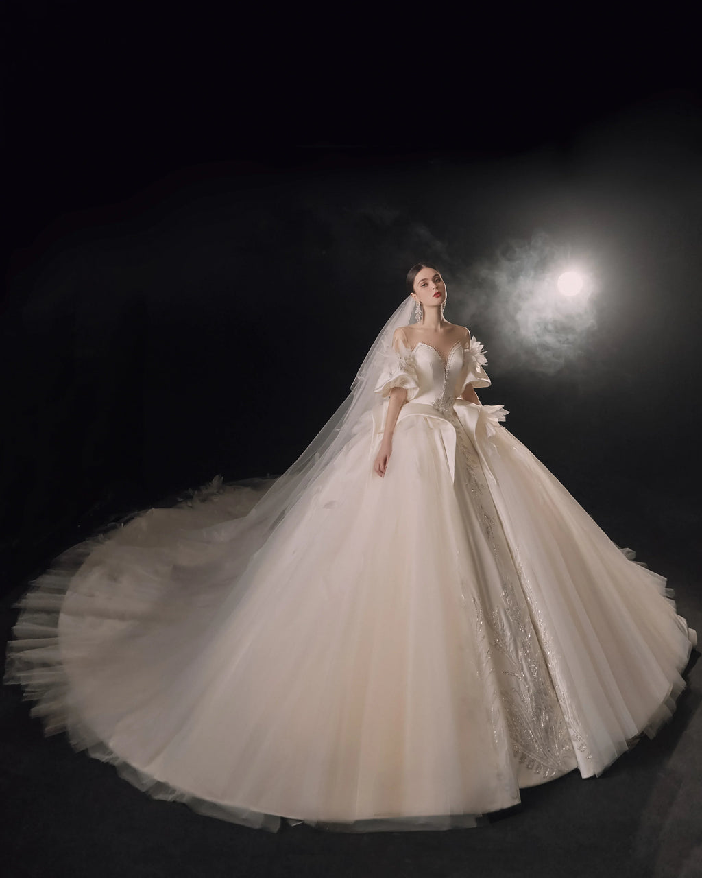 Lavish Sweetheart Ball Gown Satin Puff Sleeve Feather Trim Beaded Wedding Dress with Flowing Train E-302 by ZAPDRESS
