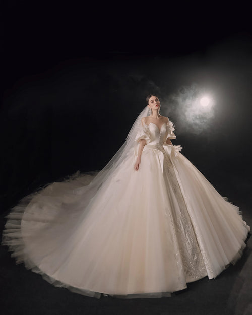 Lavish Sweetheart Ball Gown Satin Puff Sleeve Feather Trim Beaded Wedding Dress with Flowing Train E-302 by ZAPDRESS