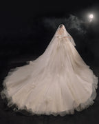 Lavish Sweetheart Ball Gown Satin Puff Sleeve Feather Trim Beaded Wedding Dress with Flowing Train E-302 by ZAPDRESS