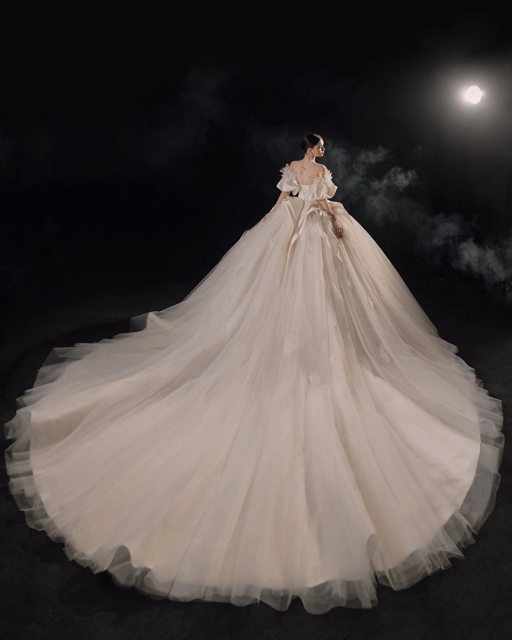 Lavish Sweetheart Ball Gown Satin Puff Sleeve Feather Trim Beaded Wedding Dress with Flowing Train E-302 by ZAPDRESS