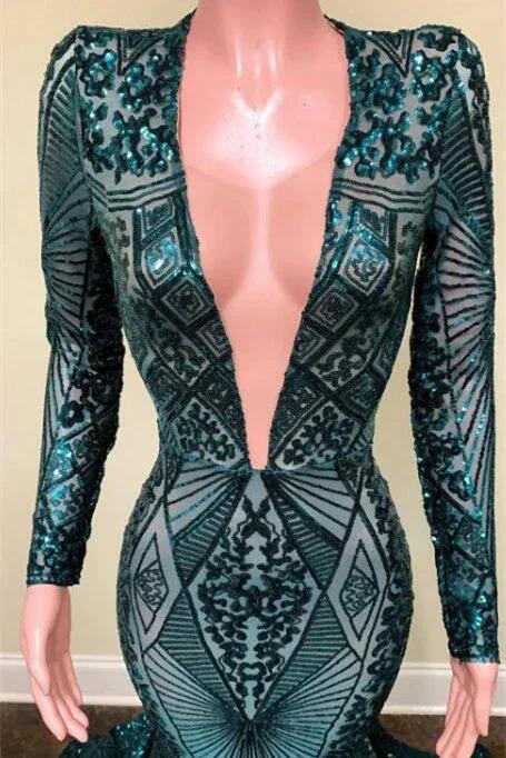 Emerald V-Neck Long Sleeves Sequins Lace Prom Dress Mermaid by BIZTUNNEL