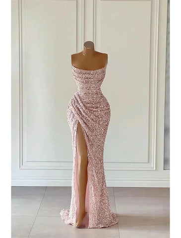 Elegantes Kleid, formeller Abschlussball, bodenlang, ärmellos, trägerlos, mit Pailletten und Glitzer-Pailletten, Abschlussballkleider