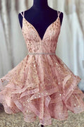 Cute Sequins Pink Homecoming Dresses V-neck Beaded Short Prom Dresses by Ombreprom