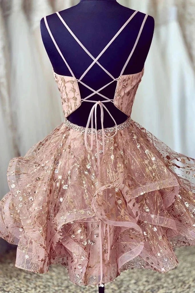 Cute Sequins Pink Homecoming Dresses V-neck Beaded Short Prom Dresses by Ombreprom