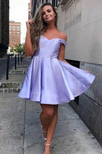Simple Short Prom Dresses A-Line Satin Off-Shoulder Homecoming Dresses by Ombreprom