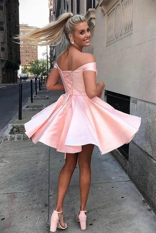 Simple Short Prom Dresses A-Line Satin Off-Shoulder Homecoming Dresses by Ombreprom