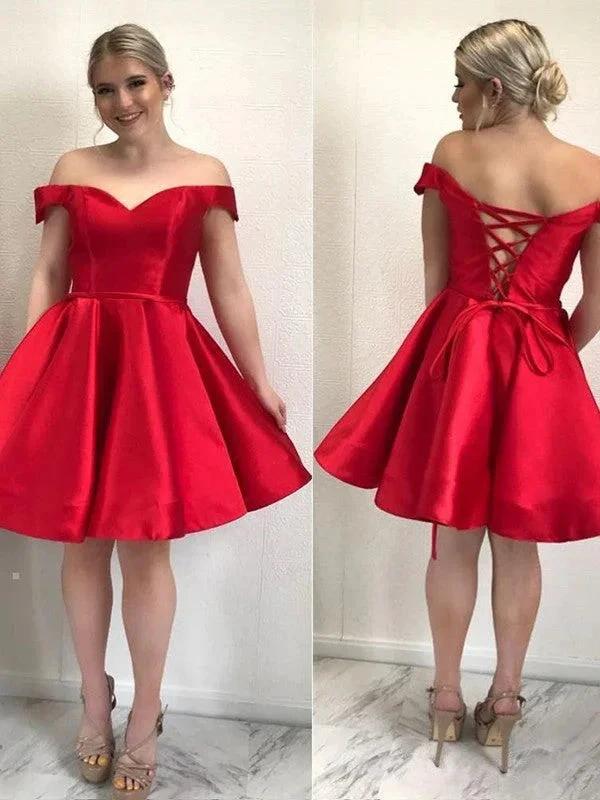 Simple Short Prom Dresses A-Line Satin Off-Shoulder Homecoming Dresses by Ombreprom