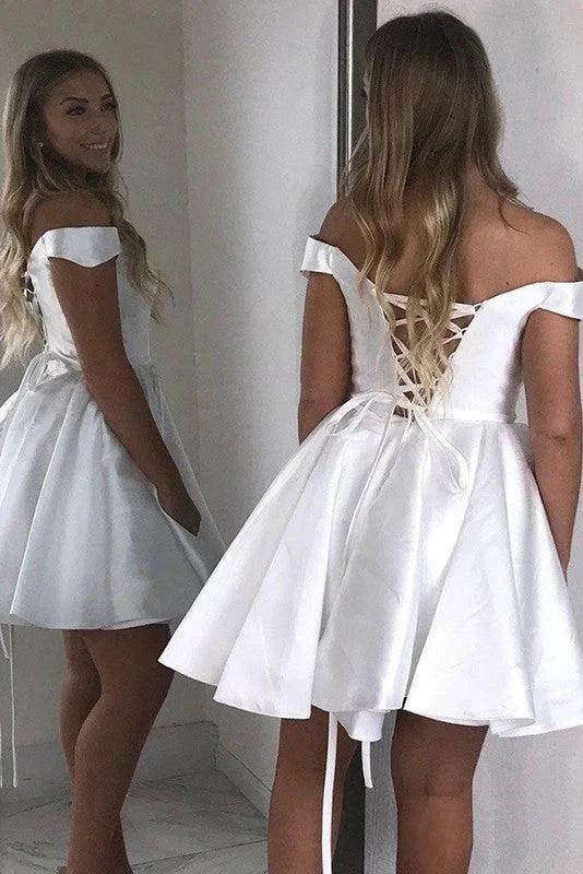 Simple Short Prom Dresses A-Line Satin Off-Shoulder Homecoming Dresses by Ombreprom