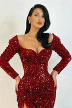 Mermaid Evening Dress with Split and Sequins Long Sleeves by BIZTUNNEL
