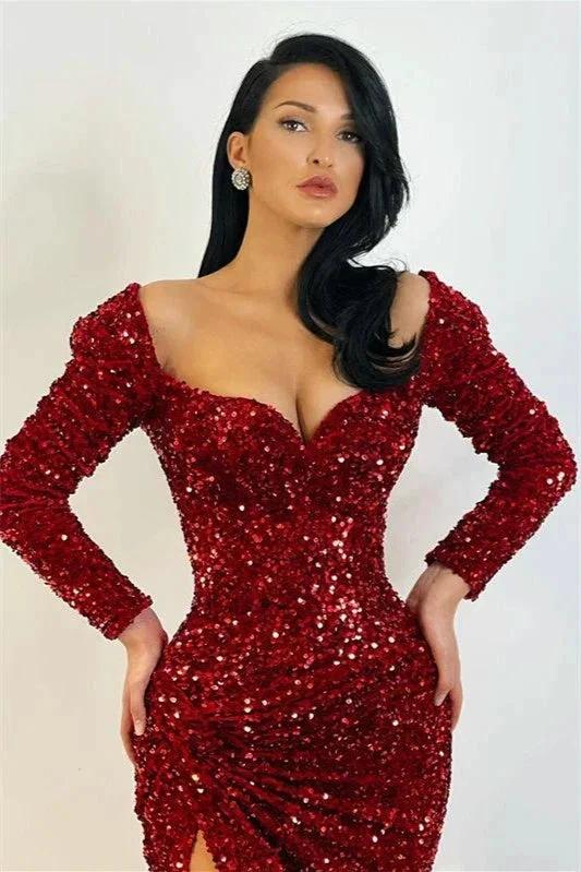 Mermaid Evening Dress with Split and Sequins Long Sleeves by BIZTUNNEL