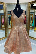Sequins Short Prom Dresses Gold A-line V-Neck Homecoming Dresses by Ombreprom