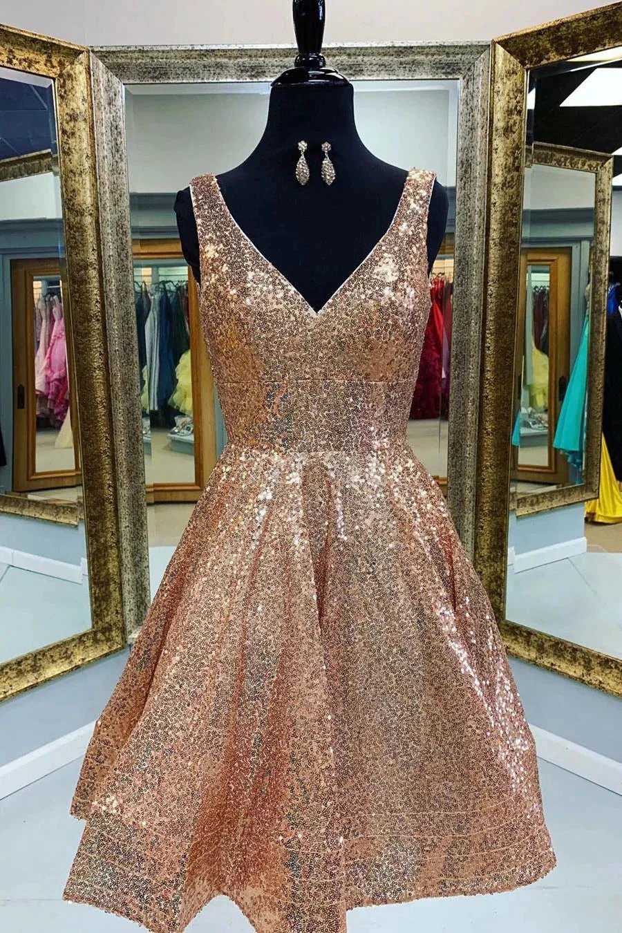 Sequins Short Prom Dresses Gold A-line V-Neck Homecoming Dresses by Ombreprom