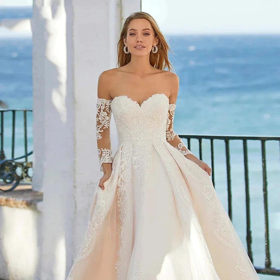Word Wedding Dresses Women's Elegant Bohemian Beaded Sweetheart Princess Off Shoulder Long Sleeve Lace Applique Bride Gowns by payinti