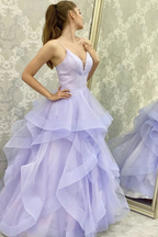 V Neck Backless Fluffy Lilac Long Prom Dress Backless Lilac Formal Evening Dress Y910